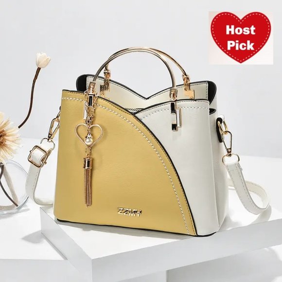 Yellow & Beige Leather Handbag with Shoulder Strap Stylish & Functional 5 Pocket - Picture 1 of 8